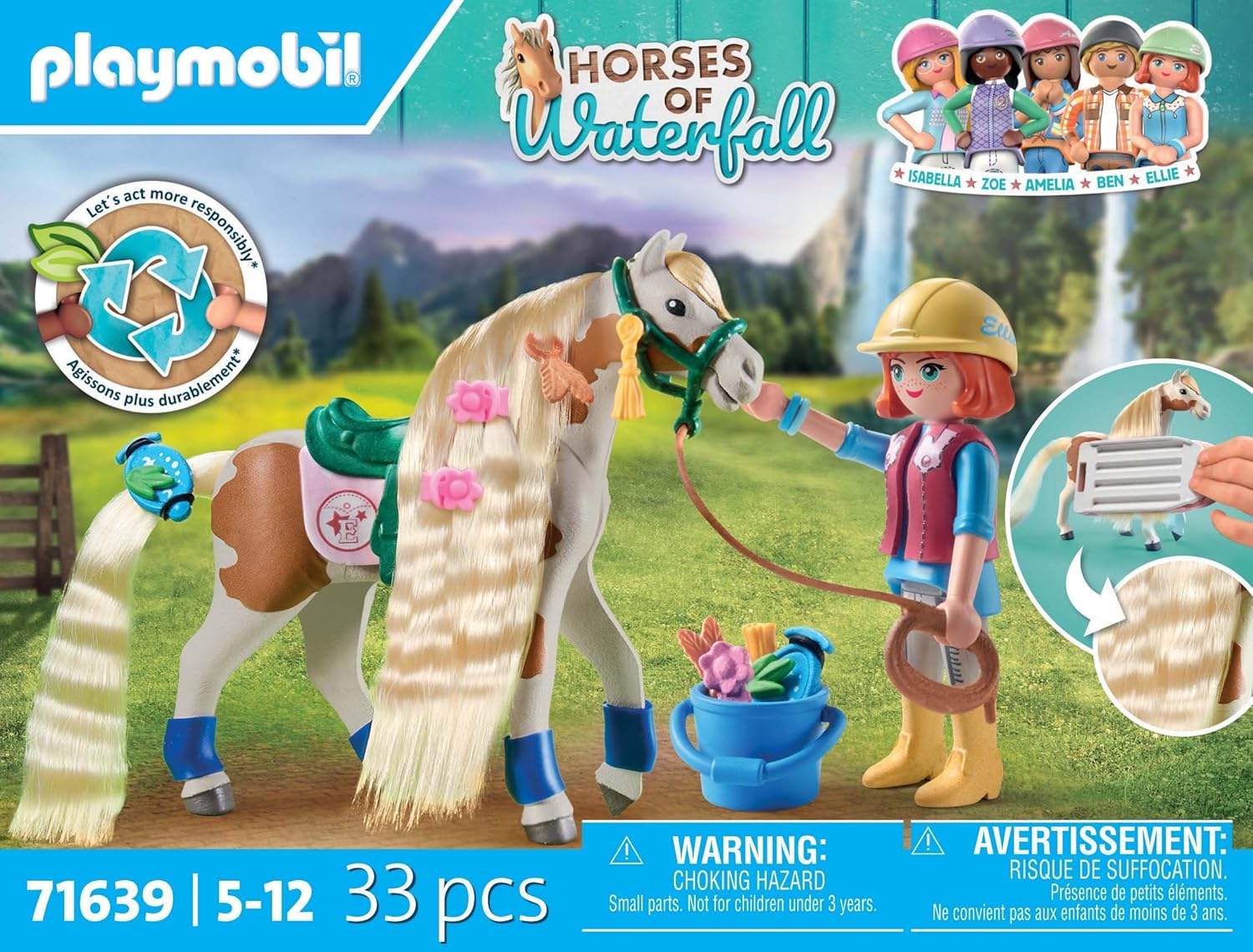 PLAYMOBIL Horses of Waterfall 71639 Ellie & Pferd mit Kreppeisen, inklusive Haarschmuck für kreative Pferdefrisuren und Zwei echten Silikon-Armbändern, nachhaltiges Spielzeug für Kinder ab 5 Jahren
