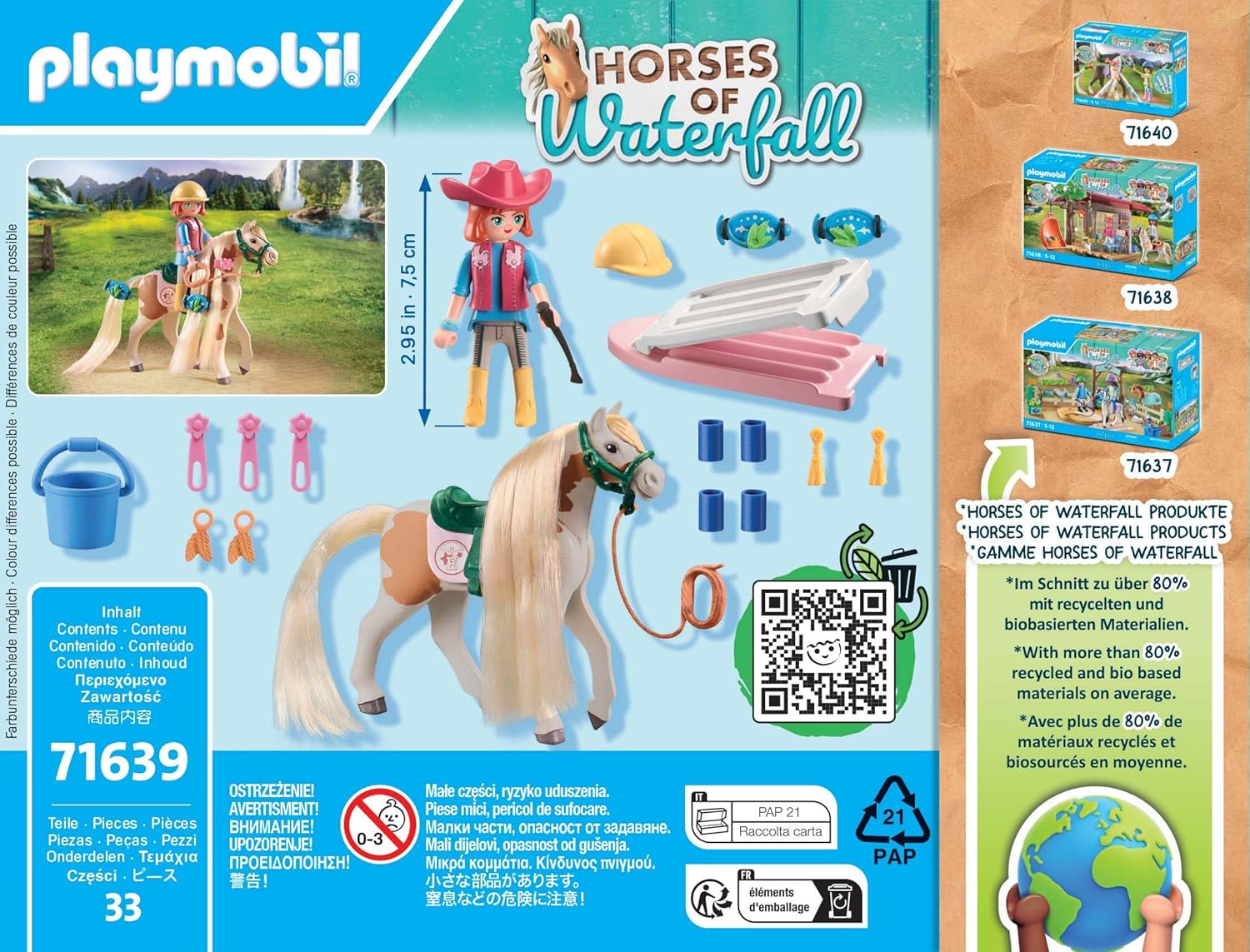 PLAYMOBIL Horses of Waterfall 71639 Ellie & Pferd mit Kreppeisen, inklusive Haarschmuck für kreative Pferdefrisuren und Zwei echten Silikon-Armbändern, nachhaltiges Spielzeug für Kinder ab 5 Jahren