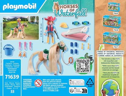 PLAYMOBIL Horses of Waterfall 71639 Ellie & Pferd mit Kreppeisen, inklusive Haarschmuck für kreative Pferdefrisuren und Zwei echten Silikon-Armbändern, nachhaltiges Spielzeug für Kinder ab 5 Jahren