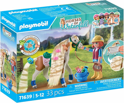 PLAYMOBIL Horses of Waterfall 71639 Ellie & Pferd mit Kreppeisen, inklusive Haarschmuck für kreative Pferdefrisuren und Zwei echten Silikon-Armbändern, nachhaltiges Spielzeug für Kinder ab 5 Jahren
