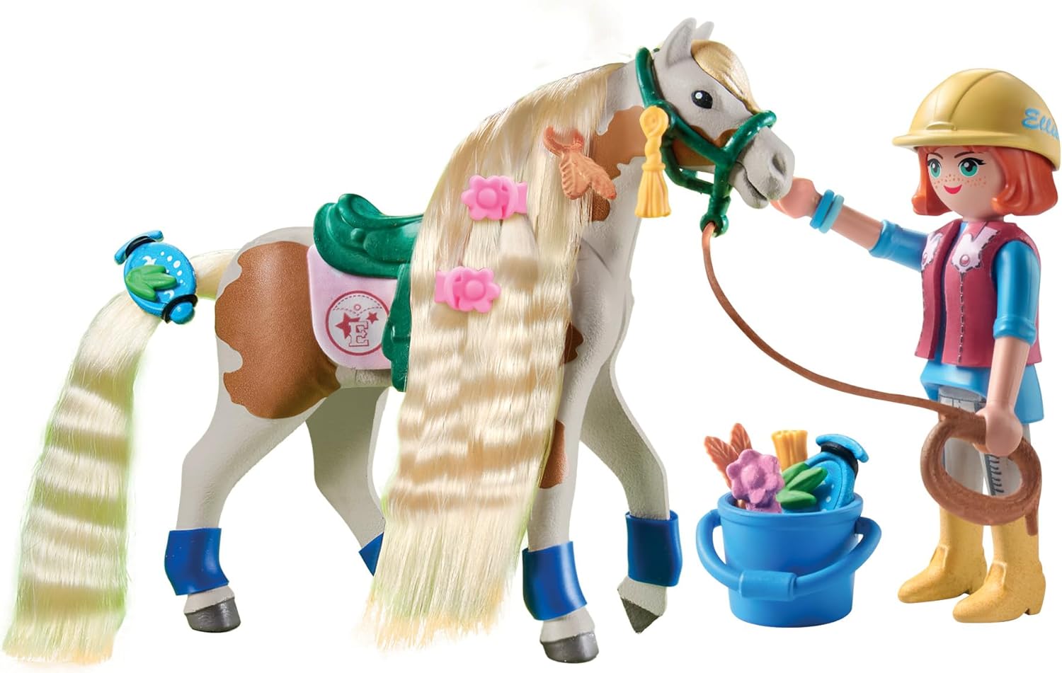 PLAYMOBIL Horses of Waterfall 71639 Ellie & Pferd mit Kreppeisen, inklusive Haarschmuck für kreative Pferdefrisuren und Zwei echten Silikon-Armbändern, nachhaltiges Spielzeug für Kinder ab 5 Jahren