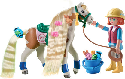 PLAYMOBIL Horses of Waterfall 71639 Ellie & Pferd mit Kreppeisen, inklusive Haarschmuck für kreative Pferdefrisuren und Zwei echten Silikon-Armbändern, nachhaltiges Spielzeug für Kinder ab 5 Jahren