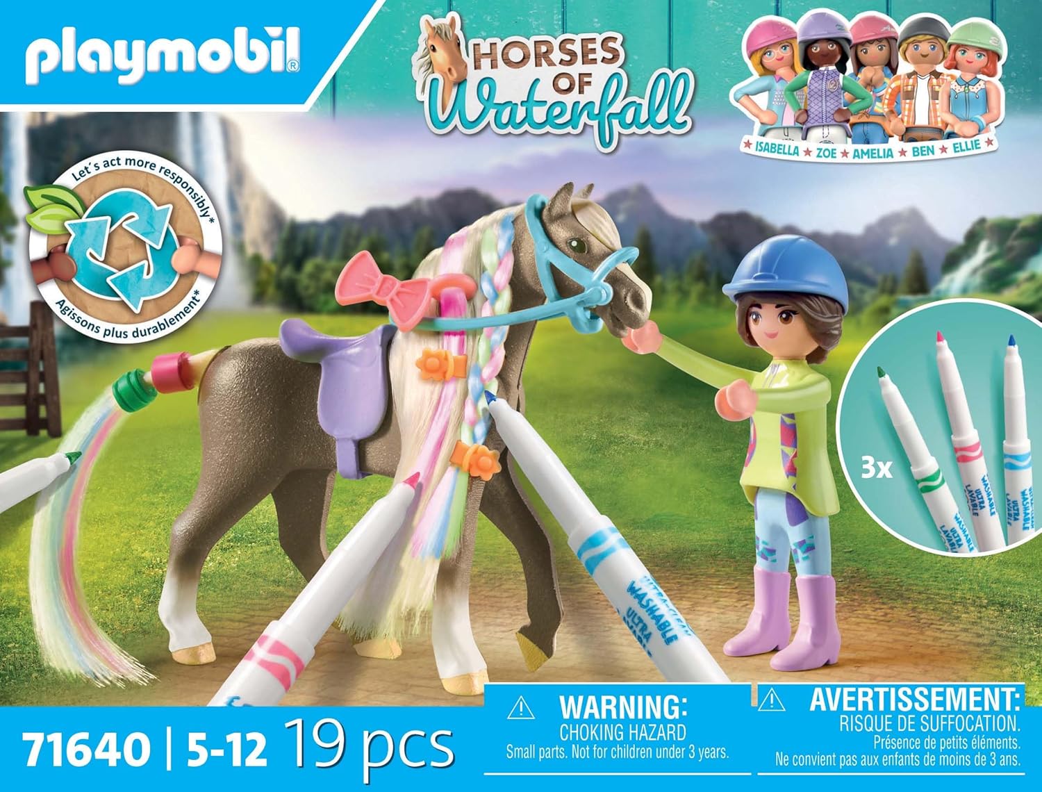 PLAYMOBIL Horses of Waterfall 71640 Paard met manen + accessoires, inclusief een figuur, een paard en drie CRAYOLA-stiften, creatief speelgoed voor kinderen vanaf 5 jaar