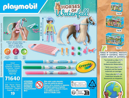 PLAYMOBIL Horses of Waterfall 71640 Paard met manen + accessoires, inclusief een figuur, een paard en drie CRAYOLA-stiften, creatief speelgoed voor kinderen vanaf 5 jaar