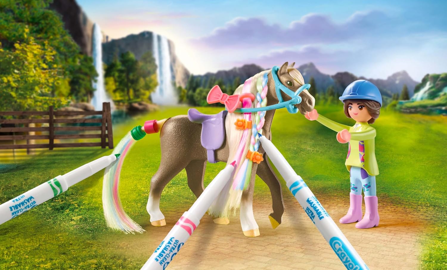 PLAYMOBIL Horses of Waterfall 71640 Paard met manen + accessoires, inclusief een figuur, een paard en drie CRAYOLA-stiften, creatief speelgoed voor kinderen vanaf 5 jaar
