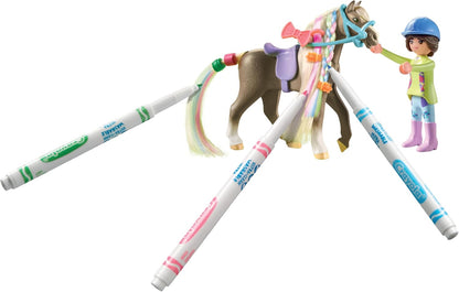 PLAYMOBIL Horses of Waterfall 71640 Paard met manen + accessoires, inclusief een figuur, een paard en drie CRAYOLA-stiften, creatief speelgoed voor kinderen vanaf 5 jaar