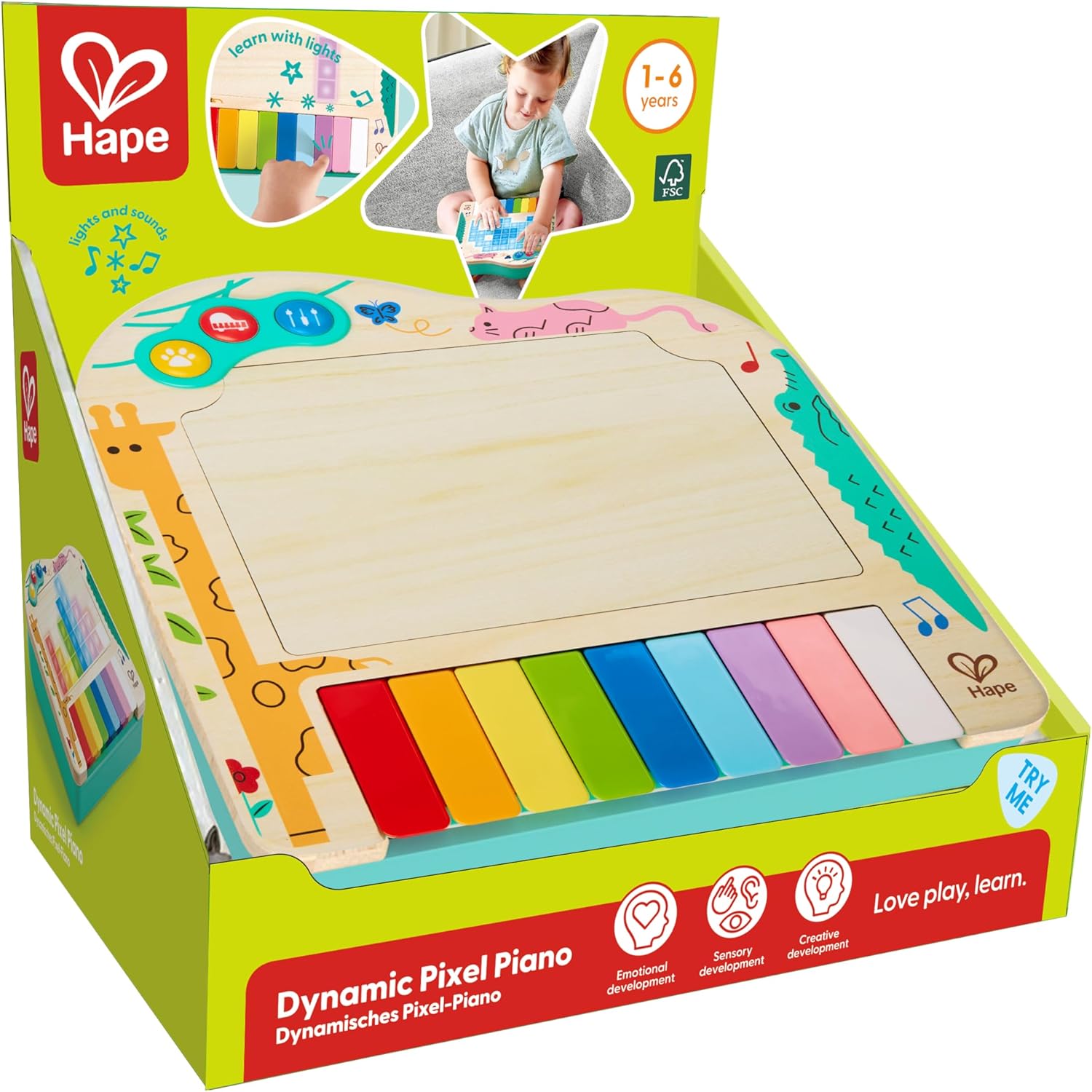 Hape Pixel Piano| Electic Keyboard Piano With Wooden-Feel Electric Keys and Light-Up Pixels Display | Kid's Musical Toy for Musical Expression and Creative Development