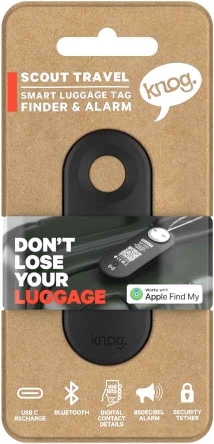 Knog Scout iOS Smart Tag, Tracker & 85d Alarm – Rechargeable Luggage Tag Compatible with iOS App & Apple Find My, Digital Contact Info, Remote Chime, Low Battery Alerts, Water-Resistant