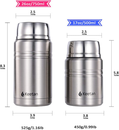 Keetan Vacuum Insulated Food Flasks BPA Free Stainless Steel Food Containers with Folding Spoon Lunch Box (Stainless Steel, 750 ml)