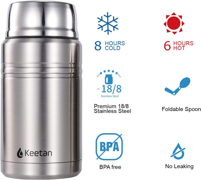 Keetan Vacuum Insulated Food Flasks BPA Free Stainless Steel Food Containers with Folding Spoon Lunch Box (Stainless Steel, 750 ml)