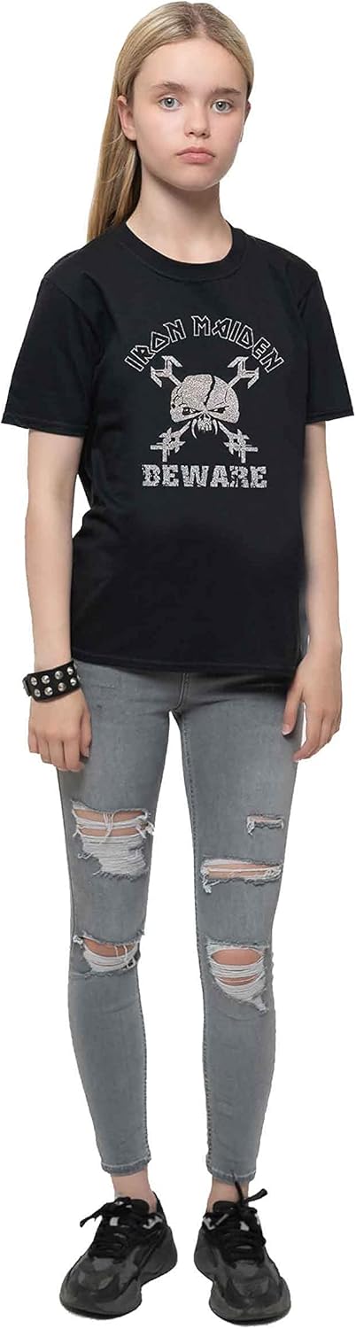 Iron Maiden Kids T Shirt Beware Band Logo Nuovo Ufficiale Nero Ages 5-14 Yrs Size Large (9/10 Yrs