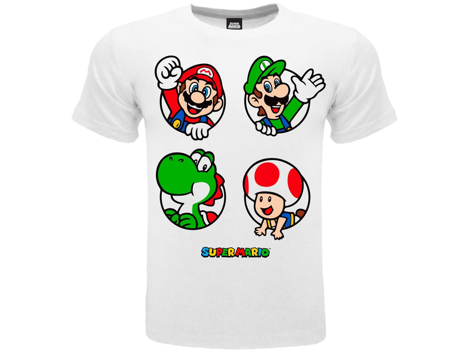 Fashion UK T Shirt Personaggi Mario. Mario, Luigi, Yoshi e Toad. 100% Cotone. Colore Bianco con Logo. Prodotto su Licenza. Taglie da Bambino/Ragazzo. 14-15 anni Bianco