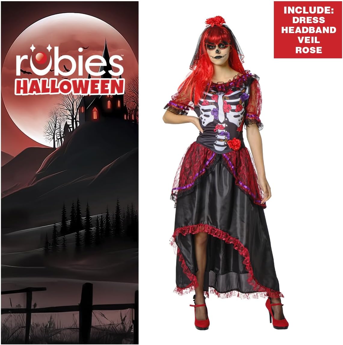 Rubies Le Catrina-Kostüm für Damen, bedrucktes Kleid und Stirnband, offizielles Rubies für Halloween, Karneval, Party und Cosplay
