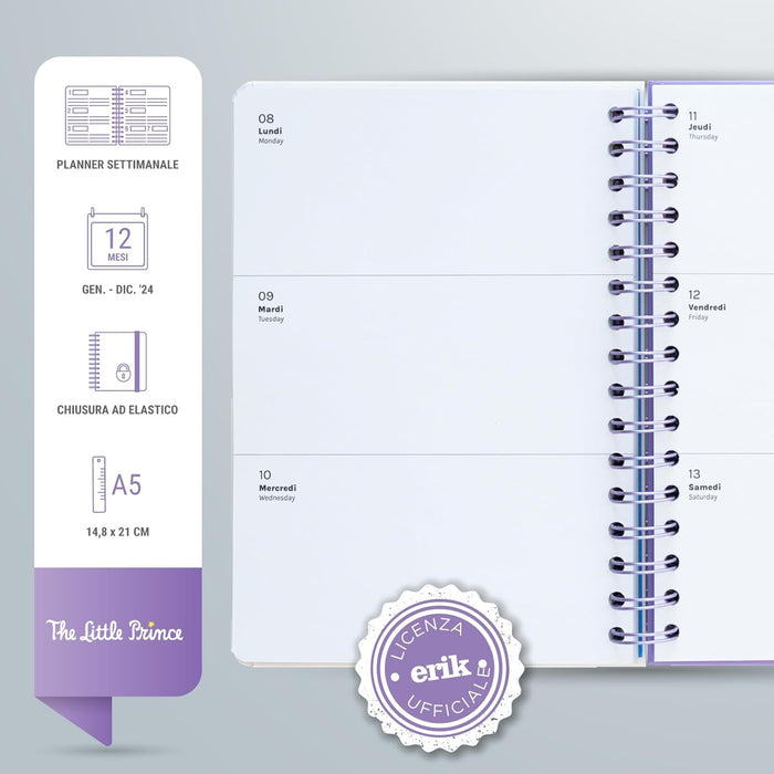 Grupo Erik: Agenda Settimanale Il Piccolo Principe 2024, A5, 12 mesi, 14,8 x 21 cm, da Gennaio a Dicembre 2024, Diario ad anelli