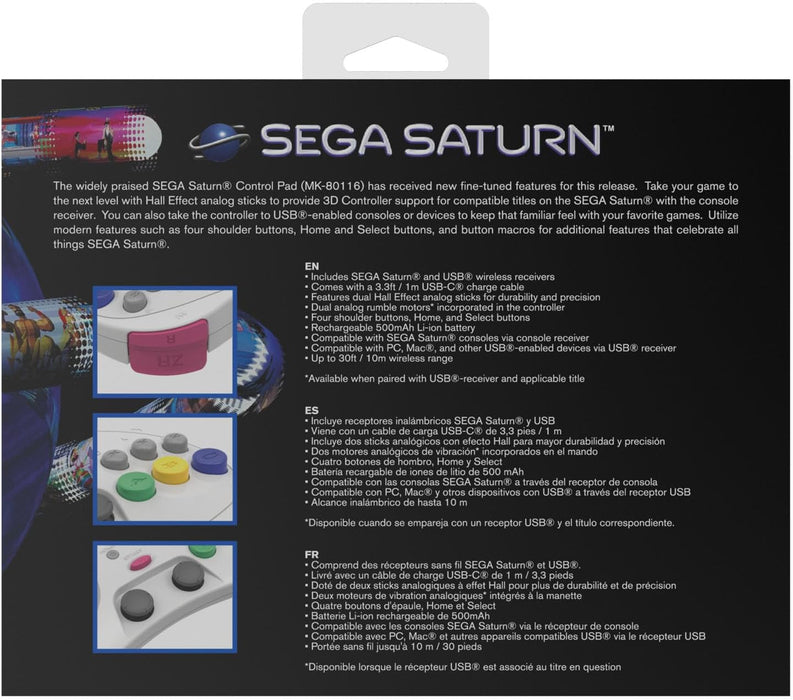 Retro-Bit SEGA Saturn® 2.4GHz Wireless Pro Controller for Sega Saturn, Sega Mega Drive Mini, Switch, PC, Mac - White