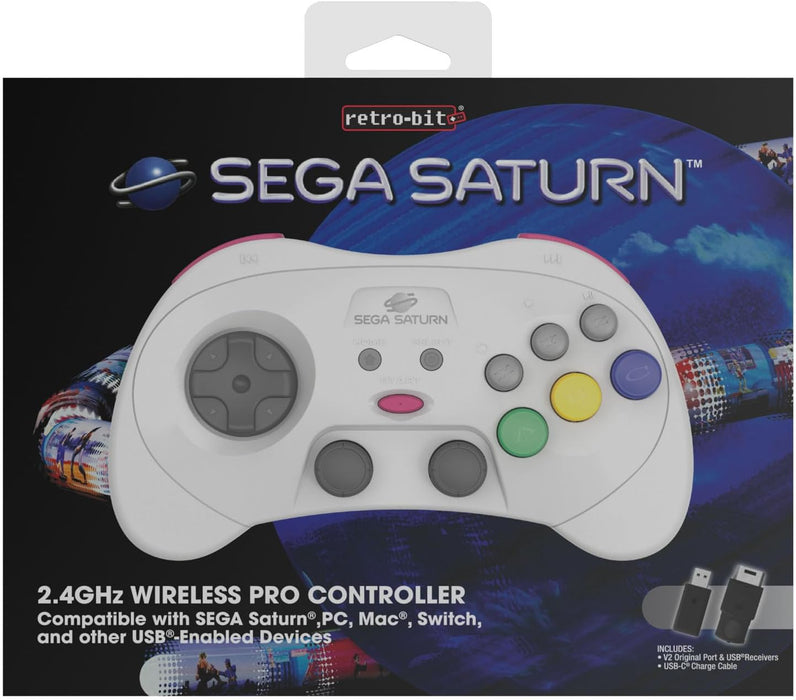 Retro-Bit SEGA Saturn® 2.4GHz Wireless Pro Controller for Sega Saturn, Sega Mega Drive Mini, Switch, PC, Mac - White