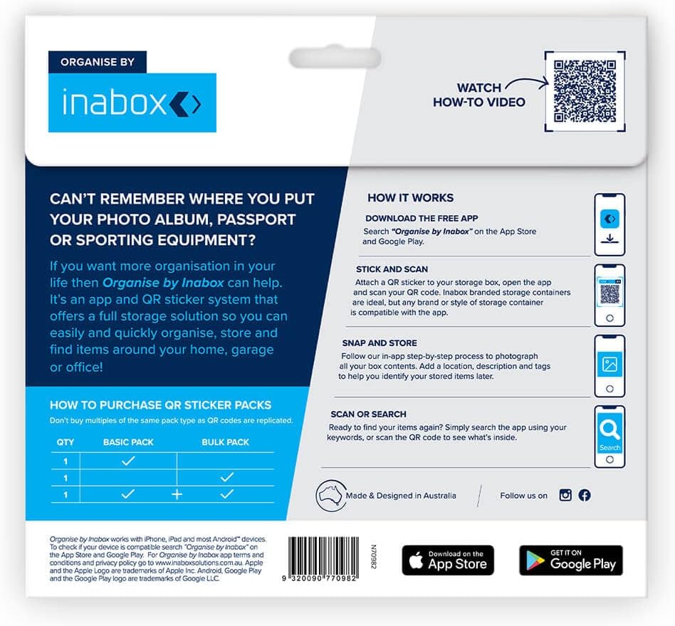 Inabox Smart 60 QR Code Labels/Stickers for Storage Boxes, Moving Containers & Organization, Storage Bins, Moving House