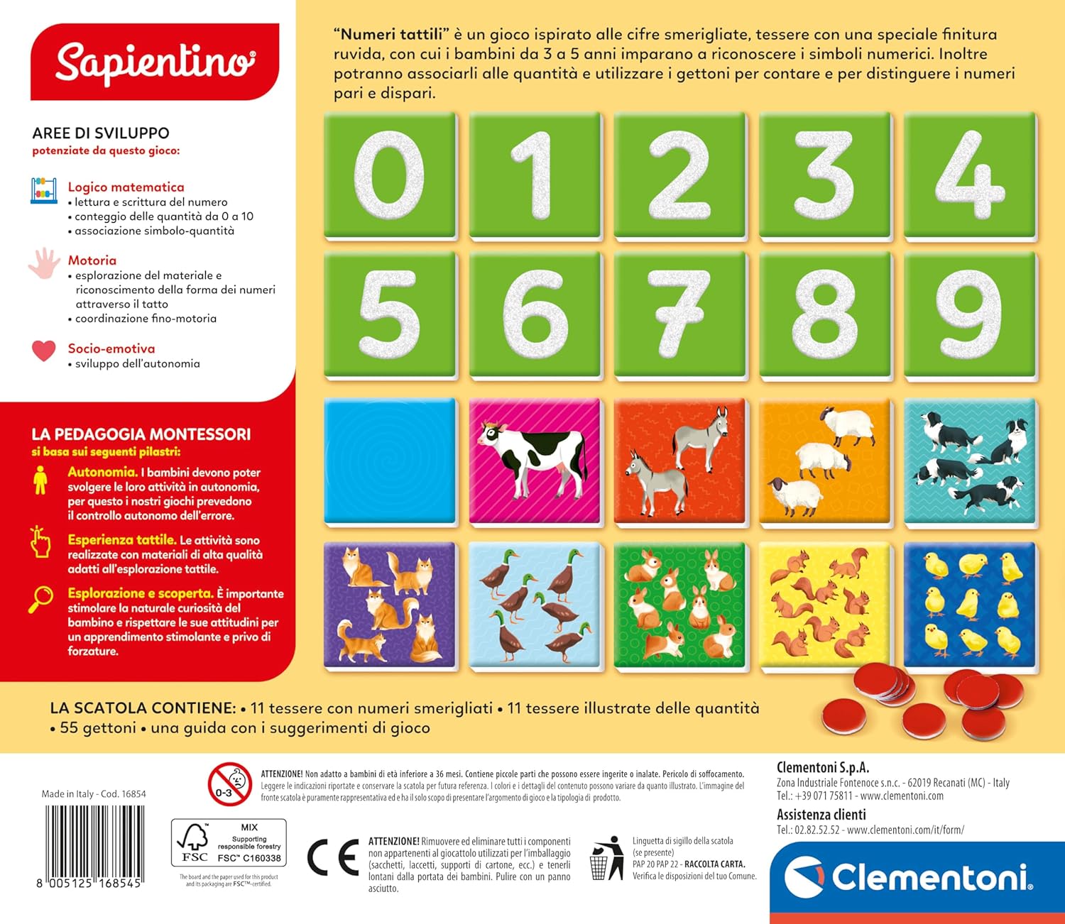 Clementoni Sapientino Montessori - Taktile Zahlen, Lernspiel Montessorianische Methode für Kinder von 3-5 Jahren mit Flashcards zum Lernen der Zahlen und Zählen Made in Italy, italienische Sprache