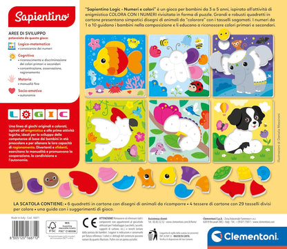 Clementoni - Sapientino Logic Colori-Flashcards, illustrierte Karten mit Zahlen und Tieren, geformtes Puzzle, Lernspiel, 4 Jahre, Lernen, Made in Italy, 16871, Mehrfarbig