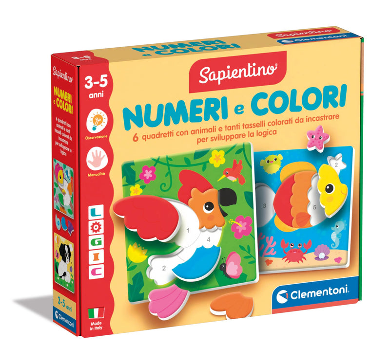 Clementoni - Sapientino Logic Colori-Flashcards, illustrierte Karten mit Zahlen und Tieren, geformtes Puzzle, Lernspiel, 4 Jahre, Lernen, Made in Italy, 16871, Mehrfarbig