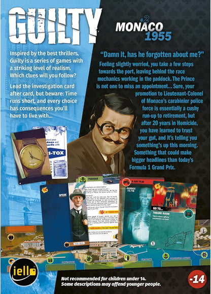 IELLO: Guilty: Monaco 1955 - Cooperative Deduction Game, Murder Mystery Investigation, Realistic Details, Ages 14+, 1-99 Players, 180-240 Minutes