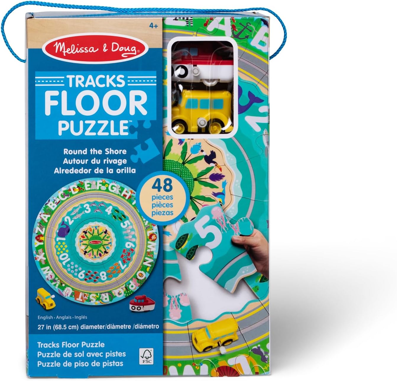 Melissa & Doug Bodenpuzzle Schienen rund um die Küste aus Karton und aufziehbare Fahrzeuge – 48 Teile, für Jungen und Mädchen ab 3 Jahren