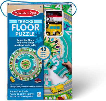 Melissa & Doug Bodenpuzzle Schienen rund um die Küste aus Karton und aufziehbare Fahrzeuge – 48 Teile, für Jungen und Mädchen ab 3 Jahren