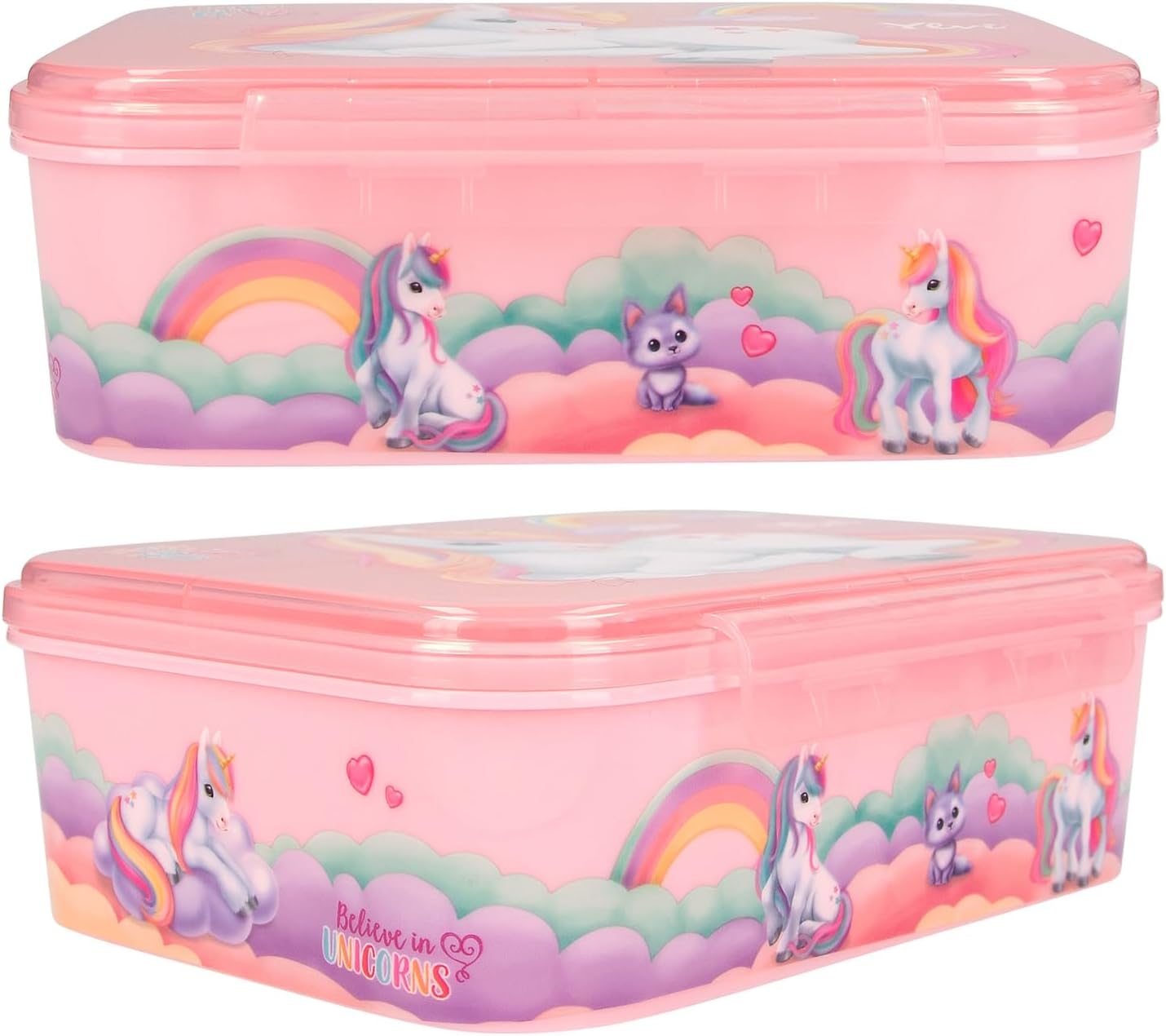 Depesche 13031 Ylvi Colour Cloud Lunch Box in Pink Unicorn Pattern and Rainbow Lunch Box with 3 Compartments and Transparent Lid, Multi-Coloured