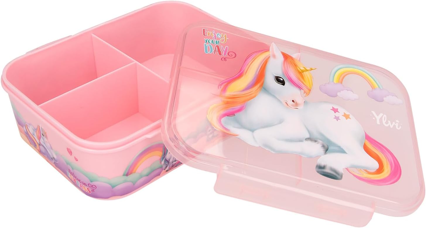 Depesche 13031 Ylvi Colour Cloud Lunch Box in Pink Unicorn Pattern and Rainbow Lunch Box with 3 Compartments and Transparent Lid, Multi-Coloured