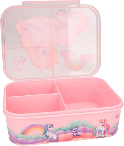 Depesche 13031 Ylvi Colour Cloud Lunch Box in Pink Unicorn Pattern and Rainbow Lunch Box with 3 Compartments and Transparent Lid, Multi-Coloured