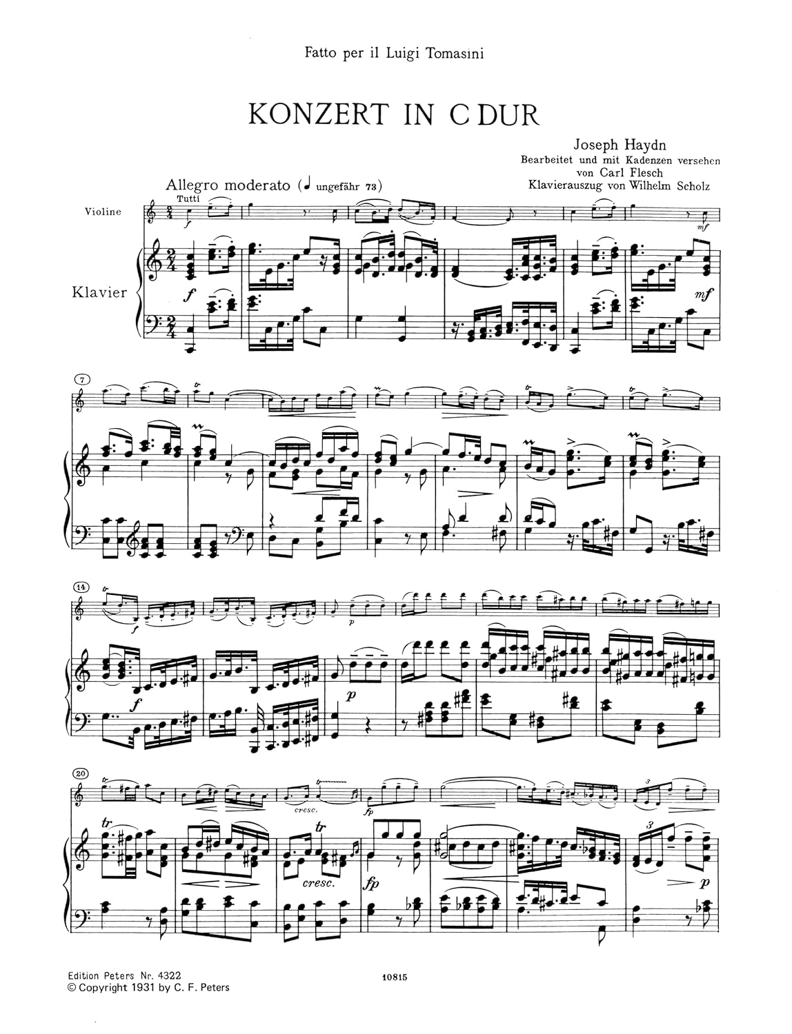 EDITION PETERS HAYDN JOSEPH - CONCERTO NO.1 IN C HOB.VIIA/1 - VIOLIN AND PIANO Classical sheets Violin