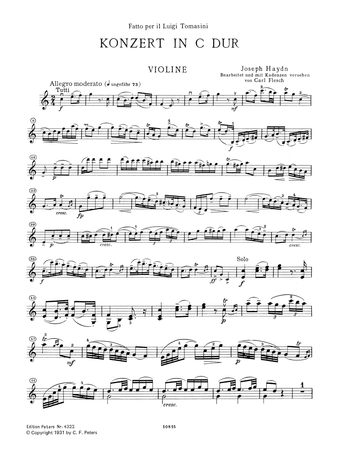 EDITION PETERS HAYDN JOSEPH - CONCERTO NO.1 IN C HOB.VIIA/1 - VIOLIN AND PIANO Classical sheets Violin