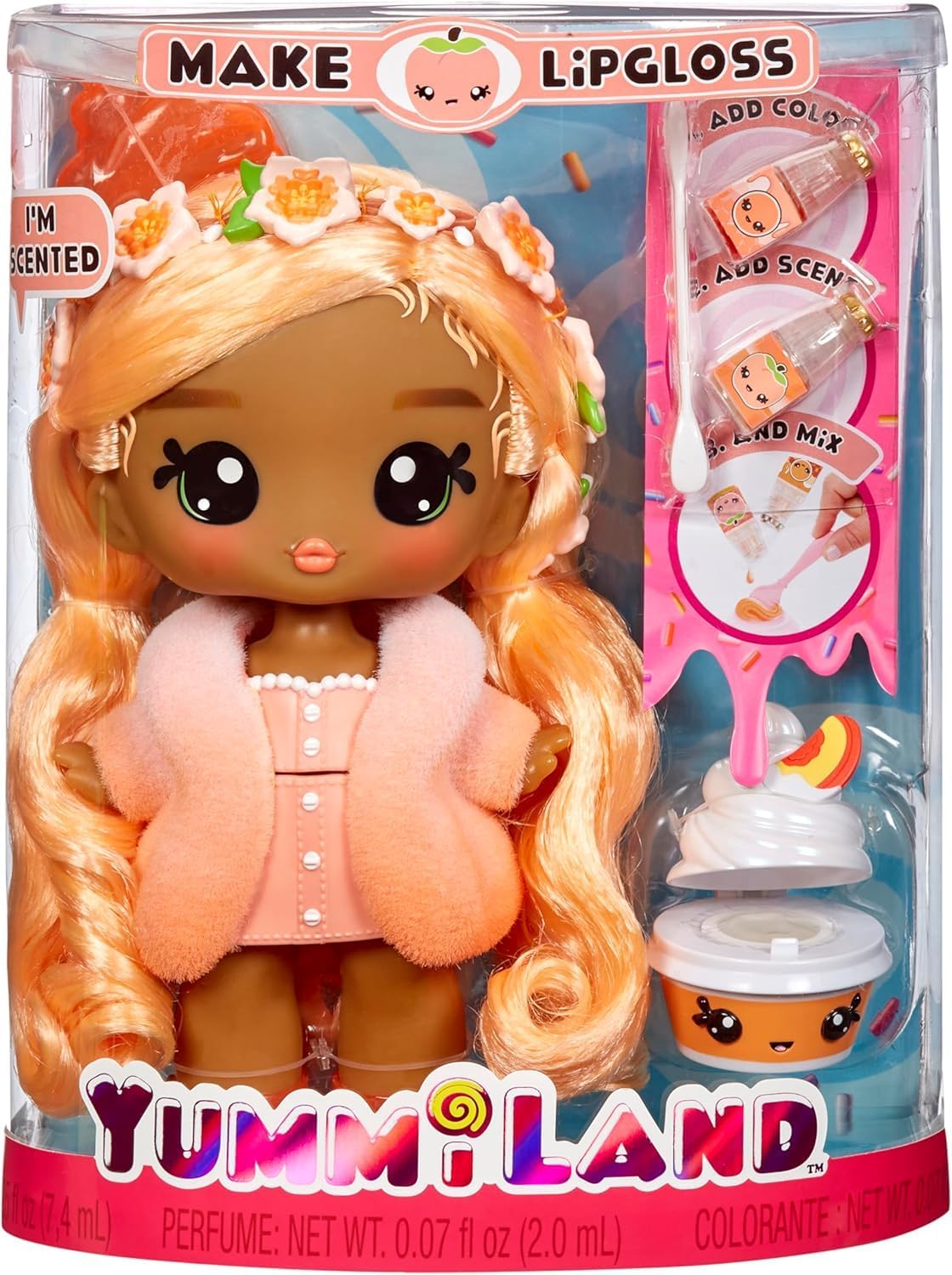 YUMMILAND Grote Pop en Num Nom Lipgloss Huisdier - Piper Peach en Swirlyboo - Geurende Karakterpop met DIY Lipgloss Set - Geschikt voor Kinderen Vanaf 4 Jaar