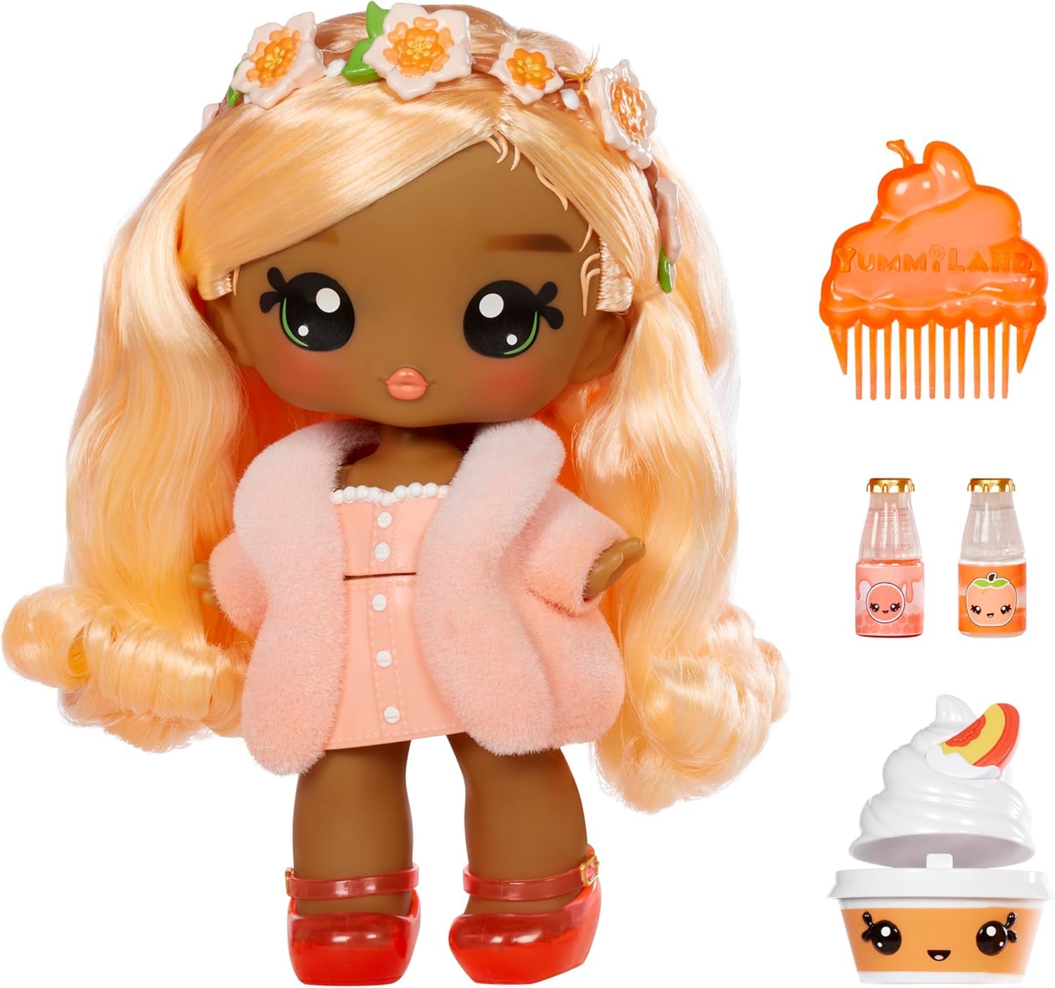 YUMMILAND Grote Pop en Num Nom Lipgloss Huisdier - Piper Peach en Swirlyboo - Geurende Karakterpop met DIY Lipgloss Set - Geschikt voor Kinderen Vanaf 4 Jaar