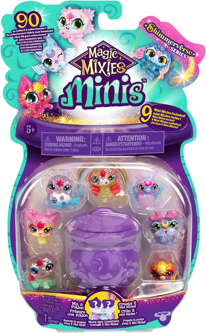 Magic Mixies Paquete de 9 miniminiminis de la Serie Shimmerverse, 2 de Ellos Ocultos, con mágica Experiencia de desempaquetado de Caldera de Burbujas, 5 nuevos Equipos de Mini-mixies con Poderes