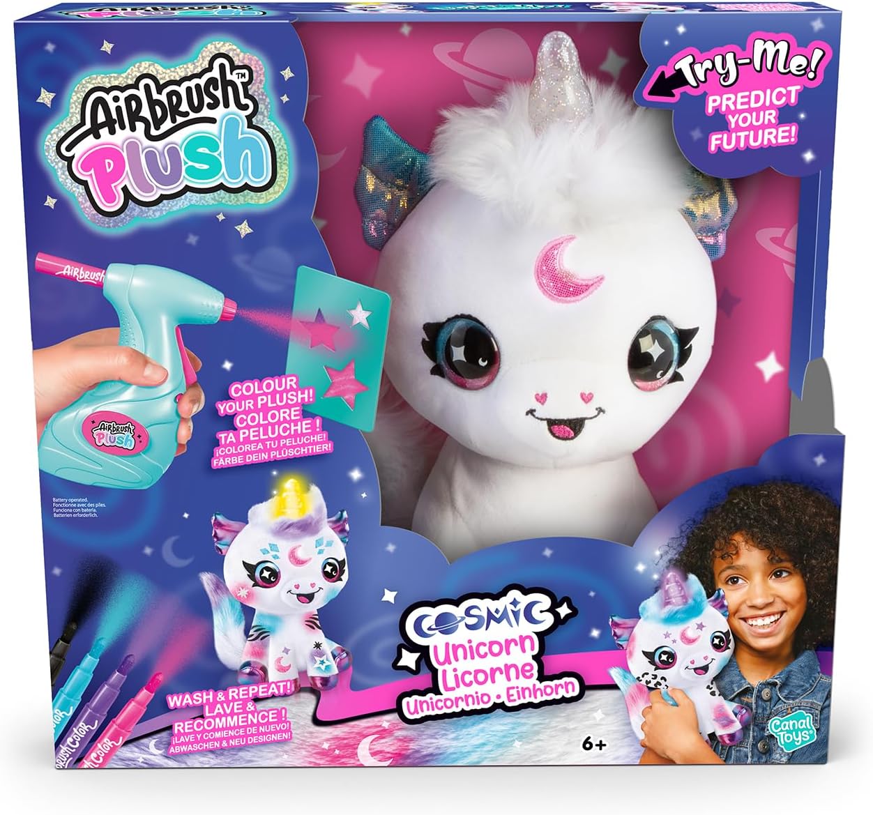 Airbrush Plush Customisable cosmic unicorn plush - decorate your own plush, wash & repeat, ask your unicorn a question and reveal the answer with the magic horn, White