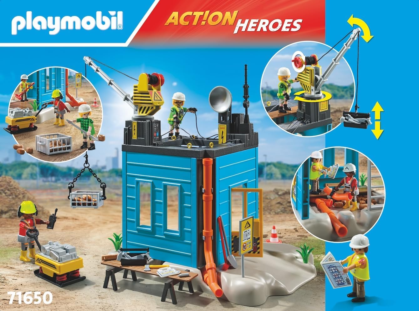 PLAYMOBIL Action Heroes Promo Pack 71650 Cantiere, con tre personaggi, gru mobile e tanti accessori inclusi, giocattolo per bambini dai 4 anni in su