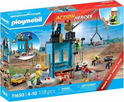 PLAYMOBIL Action Heroes Promo Pack 71650 Cantiere, con tre personaggi, gru mobile e tanti accessori inclusi, giocattolo per bambini dai 4 anni in su