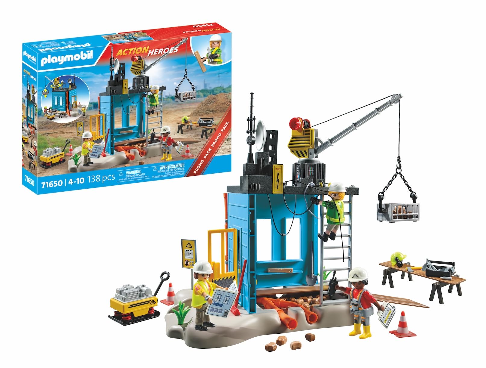 PLAYMOBIL Action Heroes Promo Pack 71650 Cantiere, con tre personaggi, gru mobile e tanti accessori inclusi, giocattolo per bambini dai 4 anni in su