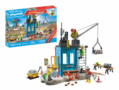 PLAYMOBIL Action Heroes Promo Pack 71650 Cantiere, con tre personaggi, gru mobile e tanti accessori inclusi, giocattolo per bambini dai 4 anni in su
