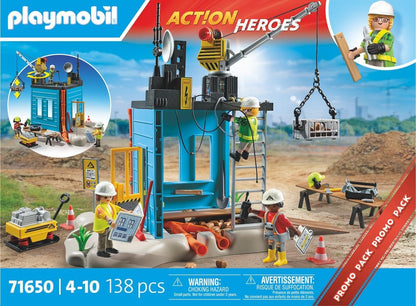 PLAYMOBIL Action Heroes Promo Pack 71650 Cantiere, con tre personaggi, gru mobile e tanti accessori inclusi, giocattolo per bambini dai 4 anni in su