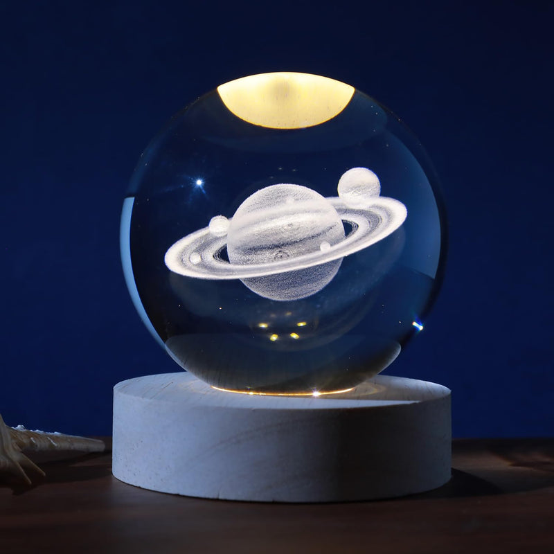 I-TOTAL ® - 3D Glass Ball with RGB LED Ceiling Effect Night Light for Kids Night Light with Wooden Base Fantasy Theme Crystal Decoration Saturno Design
