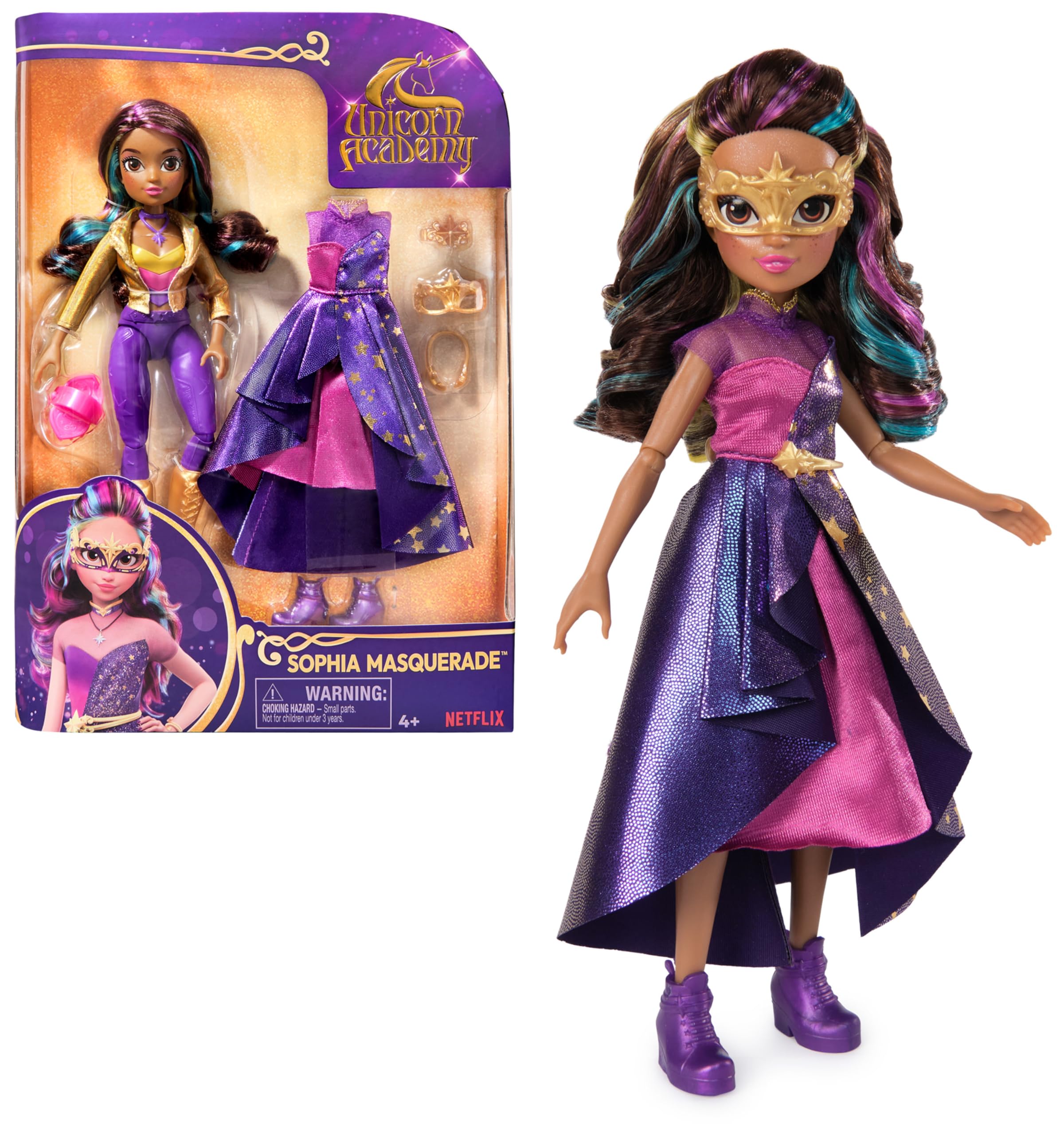 Unicorn Academy, Sophia Deluxe Masquerade Ball Doll with 9 Doll Accessories and Rainbow-Streaked Hair, 24.1cm, Dolls and Unicorn Toys for Girls