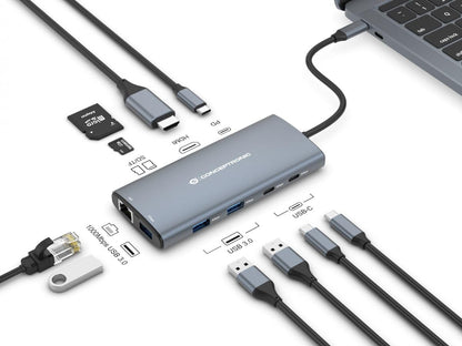 Conceptronic DONN06G 10-in-1 USB 3.2 Gen 1 Docking Station, HDMI, 100W USB PD, USB-C 5Gbps x 2, USB-A 5Gbps x 3, SD, TF/MicroSD, GbE