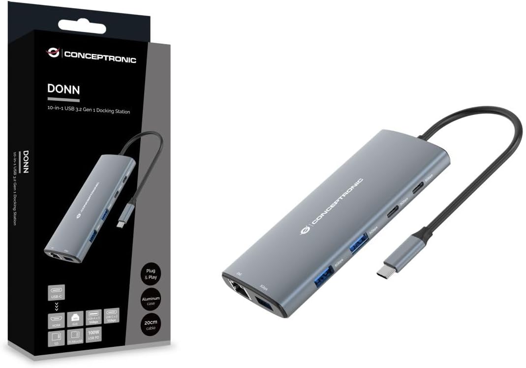 Conceptronic DONN06G 10-in-1 USB 3.2 Gen 1 Docking Station, HDMI, 100W USB PD, USB-C 5Gbps x 2, USB-A 5Gbps x 3, SD, TF/MicroSD, GbE