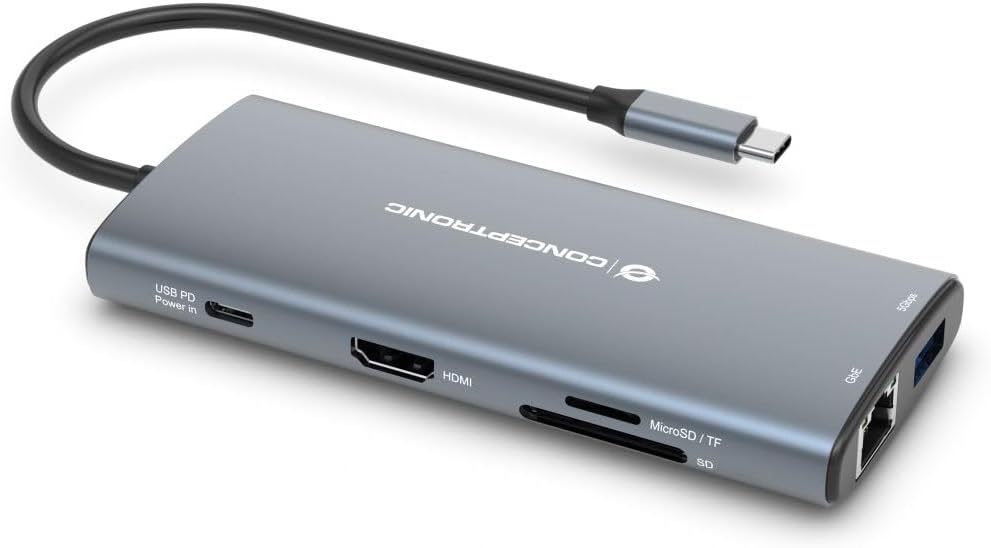 Conceptronic DONN06G 10-in-1 USB 3.2 Gen 1 Docking Station, HDMI, 100W USB PD, USB-C 5Gbps x 2, USB-A 5Gbps x 3, SD, TF/MicroSD, GbE