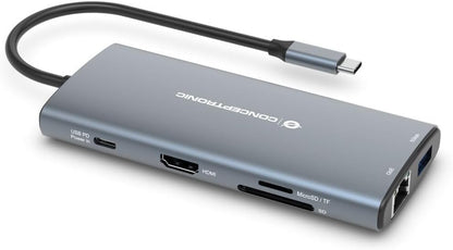 Conceptronic DONN06G 10-in-1 USB 3.2 Gen 1 Docking Station, HDMI, 100W USB PD, USB-C 5Gbps x 2, USB-A 5Gbps x 3, SD, TF/MicroSD, GbE