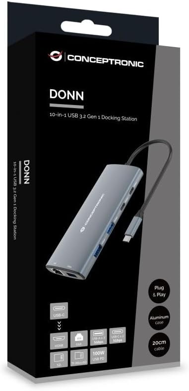 Conceptronic DONN06G 10-in-1 USB 3.2 Gen 1 Docking Station, HDMI, 100W USB PD, USB-C 5Gbps x 2, USB-A 5Gbps x 3, SD, TF/MicroSD, GbE