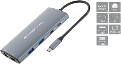 Conceptronic DONN06G 10-in-1 USB 3.2 Gen 1 Docking Station, HDMI, 100W USB PD, USB-C 5Gbps x 2, USB-A 5Gbps x 3, SD, TF/MicroSD, GbE