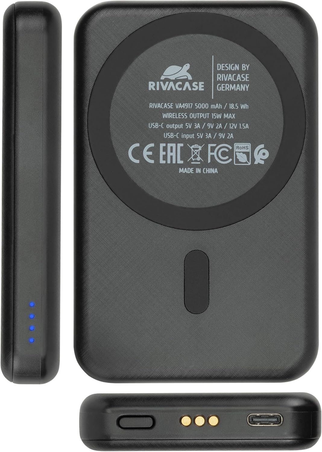 RIVACASE VA4917 Caricabatterie Wireless Qi 15W con batteria esterna con funzione di ricarica rapida QC/PD 5000 mAh, power bank rimovibile integrato